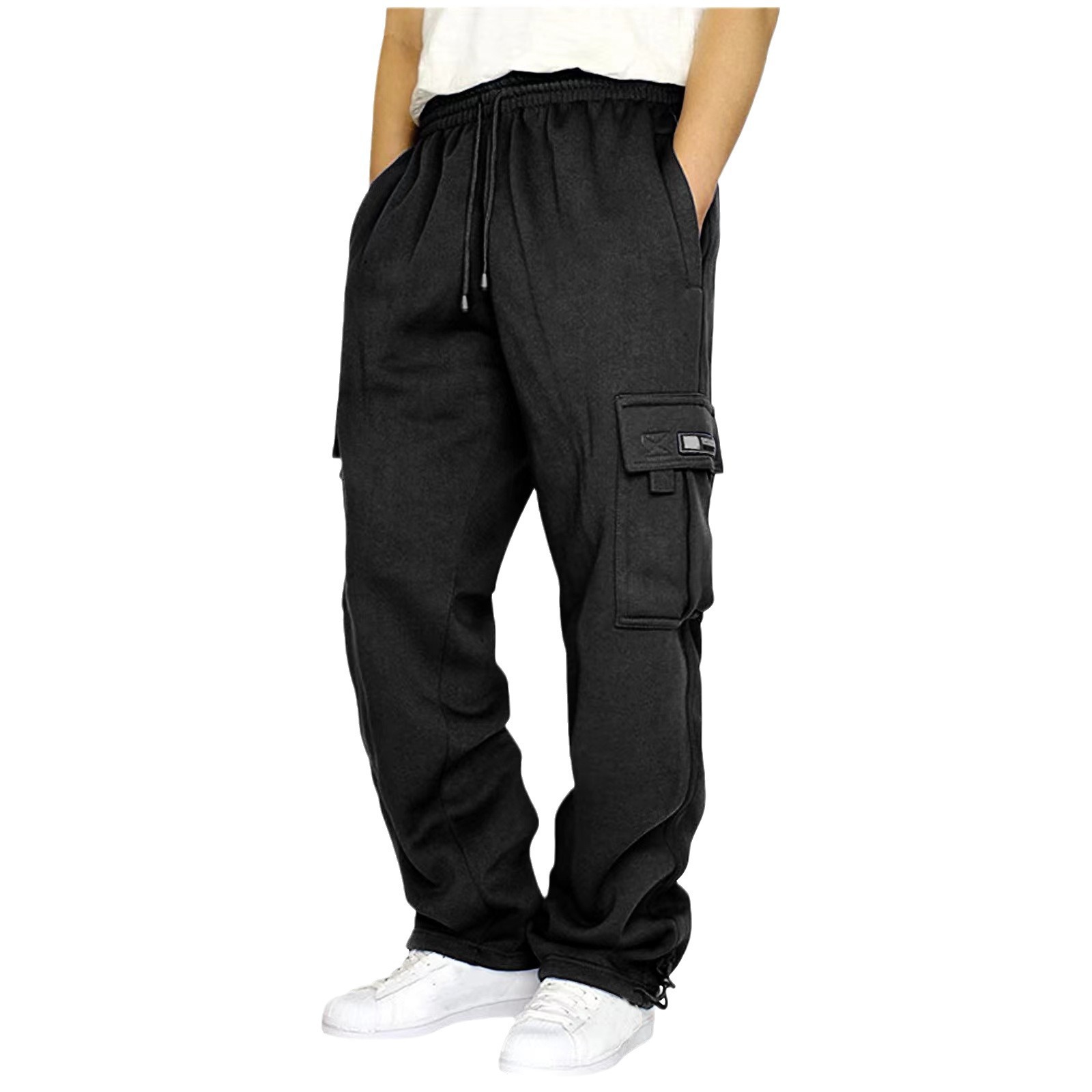 Autumn winter plush sports leisure for men, multiple pockets and loose work clothes tied with ropes. Men's pants_voghion.com