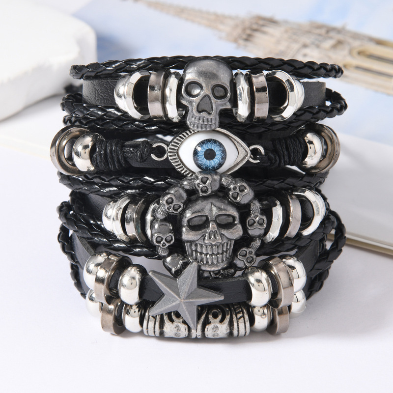 Cross-border European and American men's leather woven adjustable bracelet folded hip-hop punk diy suit series jewelry wholesale Cross-border European and American men's leather woven adjustable bracelet folded hip-hop punk diy suit series jewelry wholesale