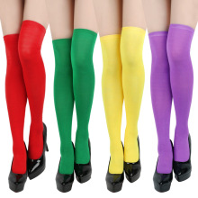 新款圣诞袜跨境红色过膝袜子女绿色黄色长筒袜欧美万圣节紫色长袜