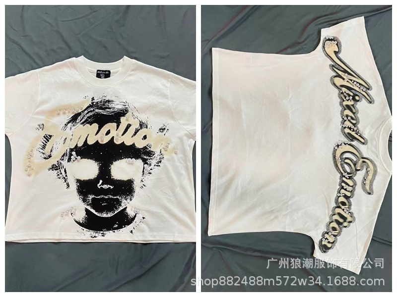 MIXED EMOTION レトロホットダイヤモンドプリントロゴ美しいトレンディなラウンドネックルーズカジュアル半袖Tシャツ男性と女性用|undefined
