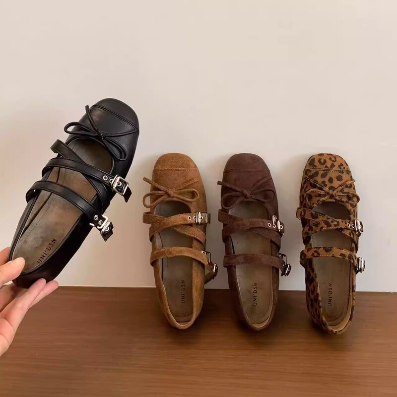 Inner Heightening Retro Round-Toe Leopard Print Shoes for Women in Autum Niche Design French Mary Jane Women's Shoes Ballet Shoes