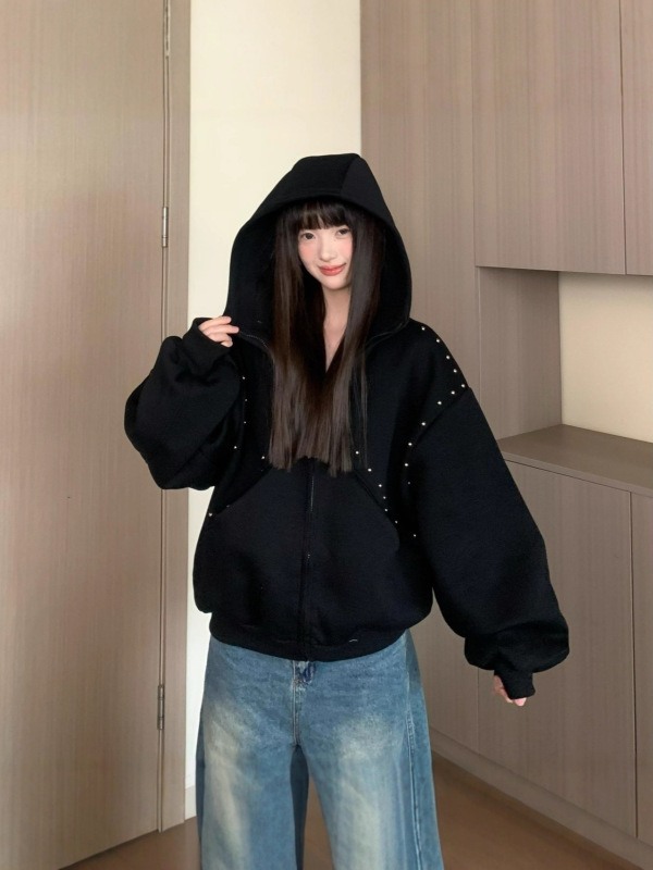 春秋美式复古高街铆钉杜宾犬设计感痞帅连帽卫衣男女拉链外套潮牌|undefined