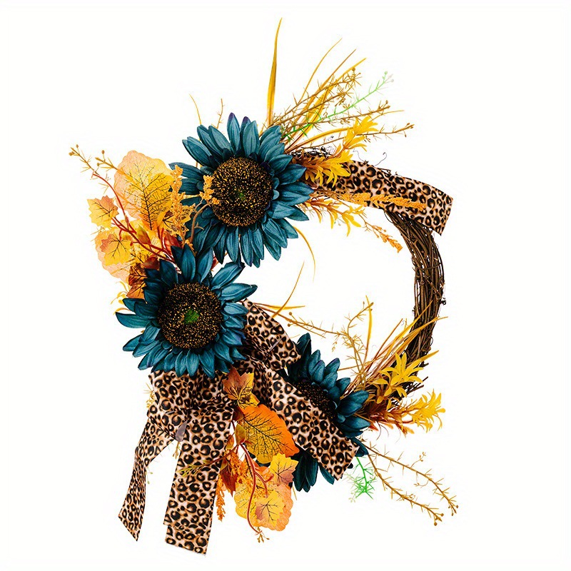 Blauer Sonnenblumenkranz für den Innenhof, Leopardenband, abgestorbener Zweig, Türdekoration, Blumen- und Weinkreis, Wandbehang, Erntezeitkranz_voghion.com