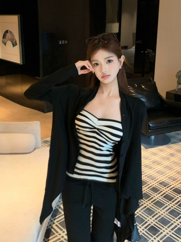 2025春秋新款黑白条纹抹胸背心女长袖不规则开衫外套秋季穿搭套装|undefined