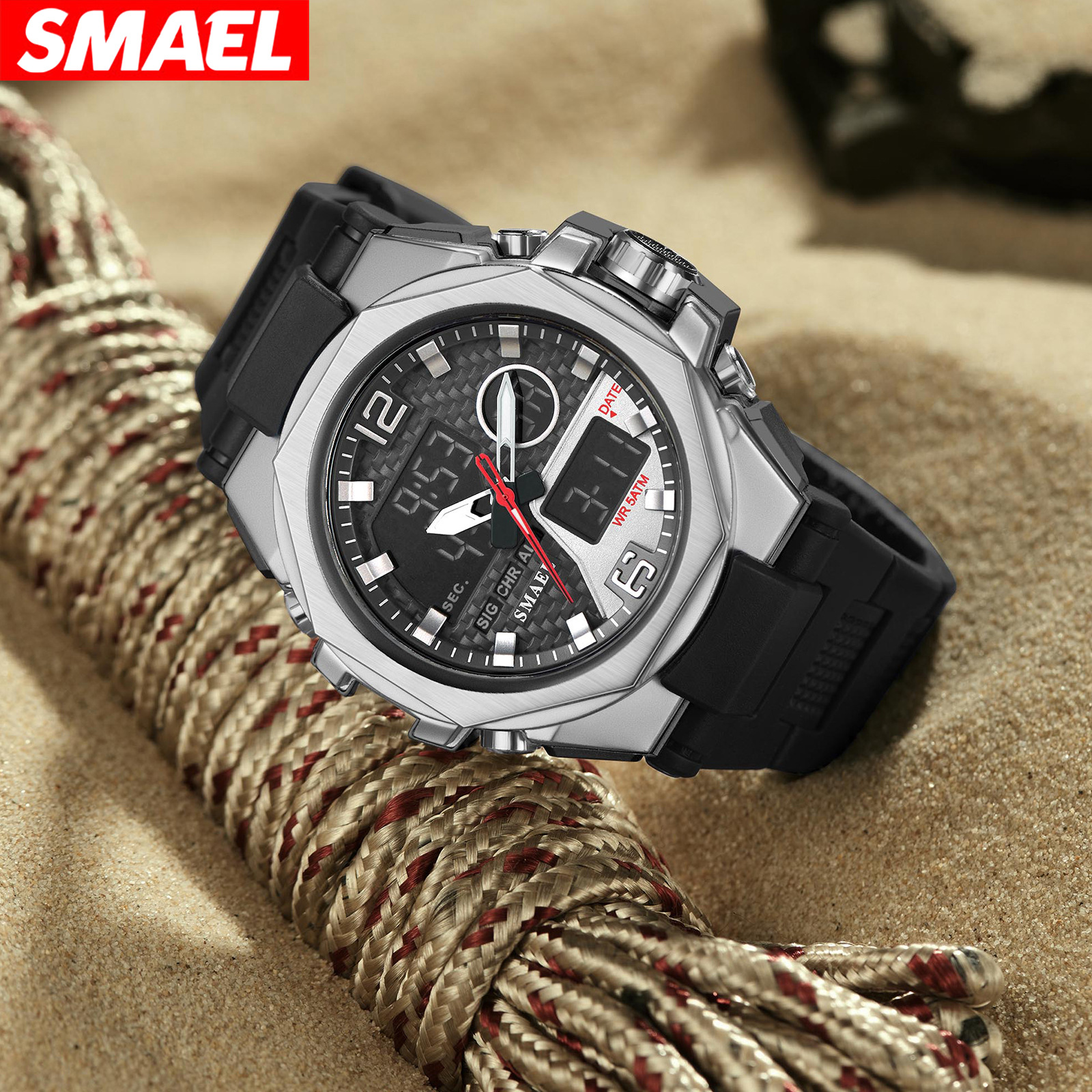SMAEL Smaller tendencia al aire libre aleación táctica doble reloj de pulsera nocturna impermeable doble reloj electrónico 8103