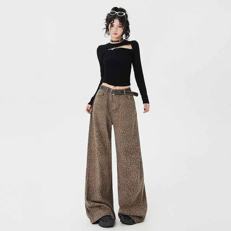 Young Orange# Love Embroidered Leopard Print Design Wide Leg Jeans Women's High Waist Slimming Trendy All-match Trousers