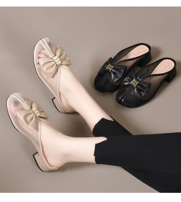 Dép sandal nữ bít mũi lưới da thật đế bệt phong cách tiên nữ — Màu đen chi tiết 12
