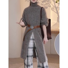 设计高开叉毛衣连衣裙秋冬新款时尚百搭高领中长款长袖针织衫