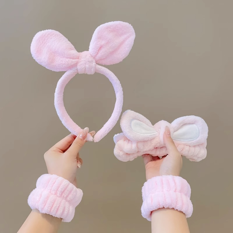 Lindo Rosa lavado de cara banda de pelo de las mujeres a prueba de humedad banda de muñeca banda de pelo absorbente de tres piezas conjunto máscara facial diadema especial