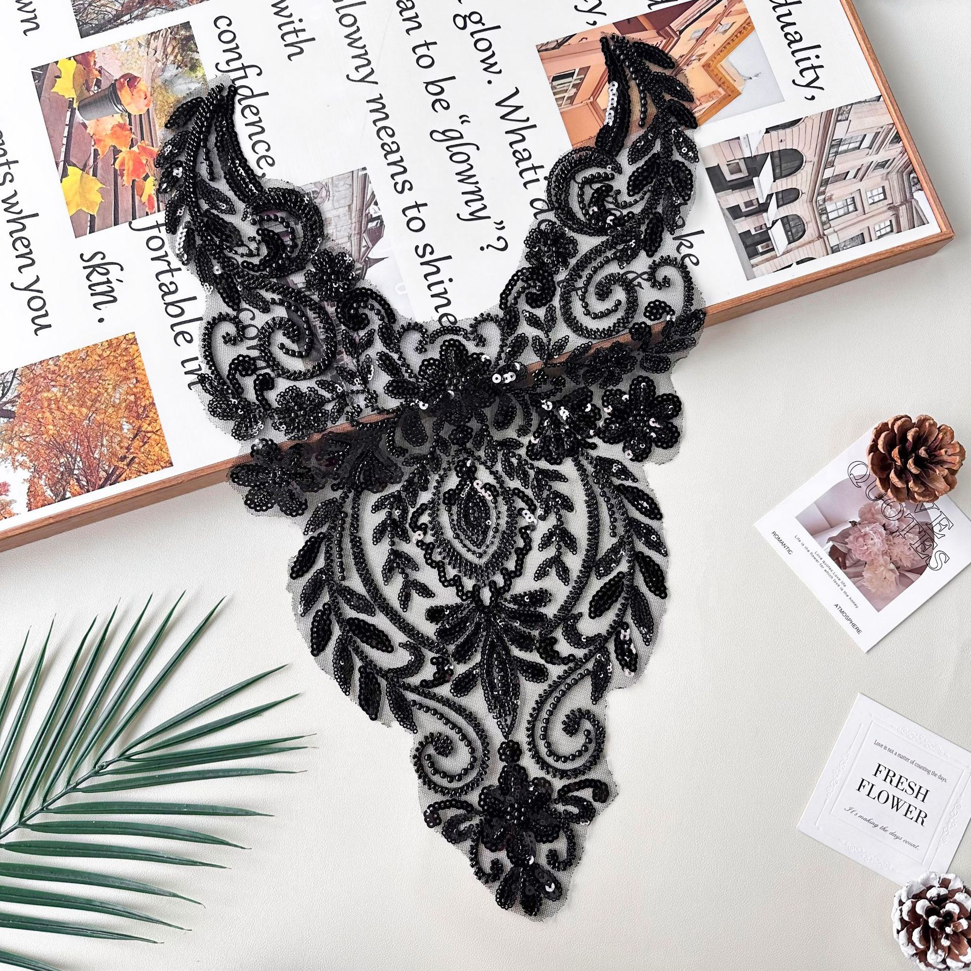 Mayorista negro hermoso encaje collar parches de decoración ropa de baile ropa accesorios bordados piezas de flores image 3