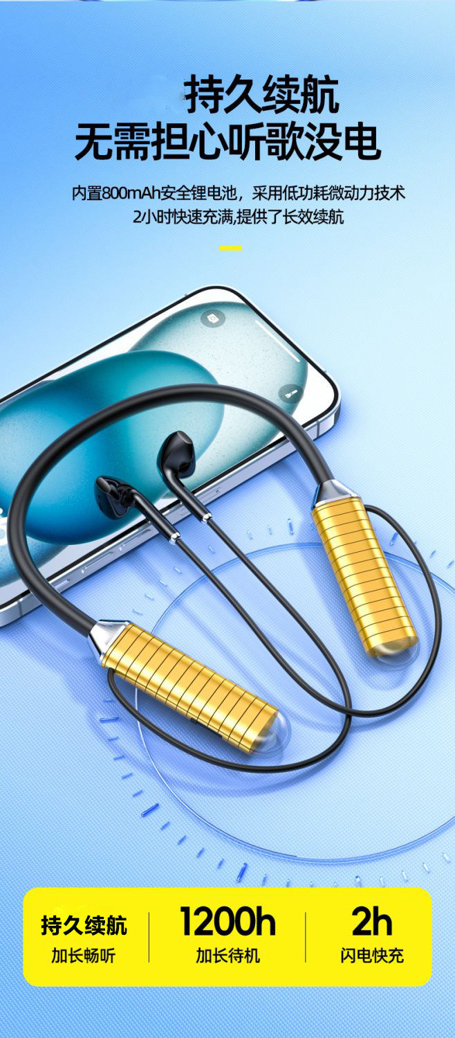 2025 new model Bluetooth earphones, wireless neckband type, ultra-long battery life, suitable for gaming on Apple, OPPO, Xiaomi, and vivo