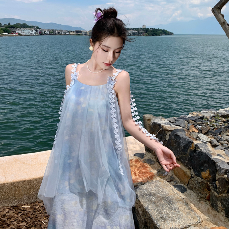 2025新款/海边度假连衣裙女晕染网纱吊带连衣裙恋夏风穿搭2025夏|undefined