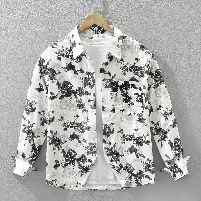 7790 Japanese Style Trendy Printed Long-Sleeve Shirt Men's Fashion Versatile Artistic Casual Loose Top Wholesale
