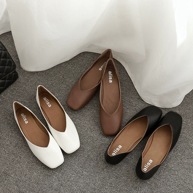 Туфли с квадратным носком Женская весенняя обувь 2023 г. Молочные туфли на плоской подошве с мелким ртом больших размеров без шнуровки на плоской подошве Мокасины для беременных Женская обувь