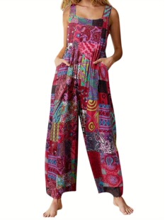 E 66081 Ethnic Patchwork Print Button Jumpsuit �����L�B�wѝ