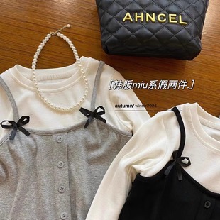 Girls' Sweet Fake Two-Piece Bottoming Shirt Spring and Autum New Cute T-Shirt Korean Thin Bow Bottoming Shirt