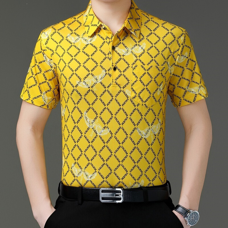 Silk Cotton Short-Sleeve Men's Summer Style Middle-Aged Printed Half-Sleeve T-Shirt Polo Shirt for Dad with Collar 2026 with Pockets