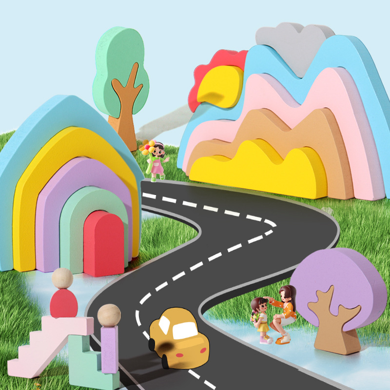 Educación temprana de madera para niños Ciudad de cuento de hadas creativa Bloques de construcción de arcoíris Jardín de infancia Colisión de cognición de color Juguetes de Jenga