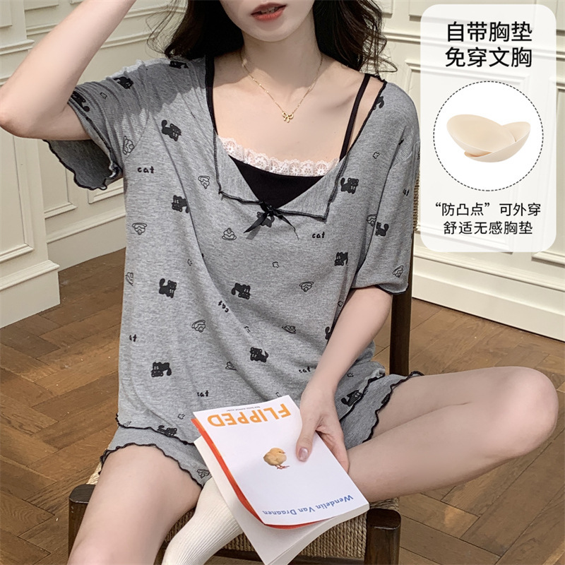 夏季新款带胸垫睡衣女短袖短裤莫代尔凉感卡通可爱家居服套装可爱|undefined