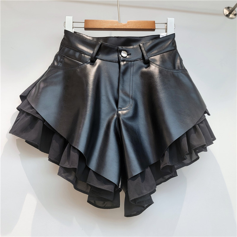 Falda Pantalón de Cuero PU de Cuero PU, Cintura Media y Baja, Empalmado image 3