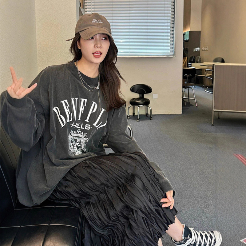 Fat Mm2025 Lazy Style Retro Letter T-Shirt Top Women's Autumn and Winter New Style Washed and Distressed Large Size Long-Sleeved T-Shirt Fat Mm2025 Lazy Style Retro Letter T-Shirt Top Women's Autumn and Winter New Style Washed and Distressed Large Size Long-Sleeved T-Shirt