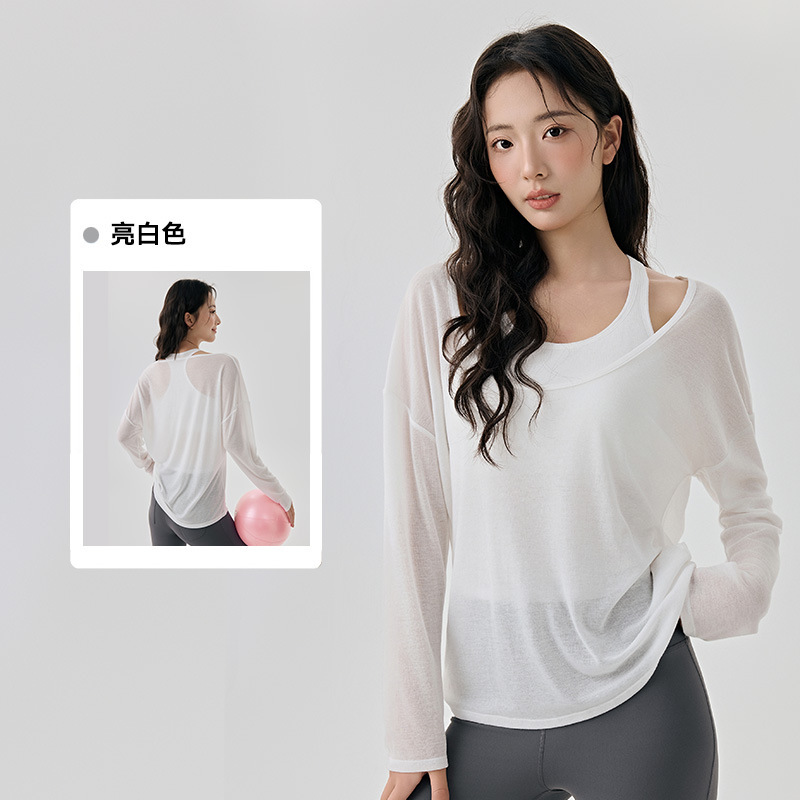 瑜伽服女套装高级感叠穿两件套透气长袖罩衫普拉提带胸垫运动背心|undefined