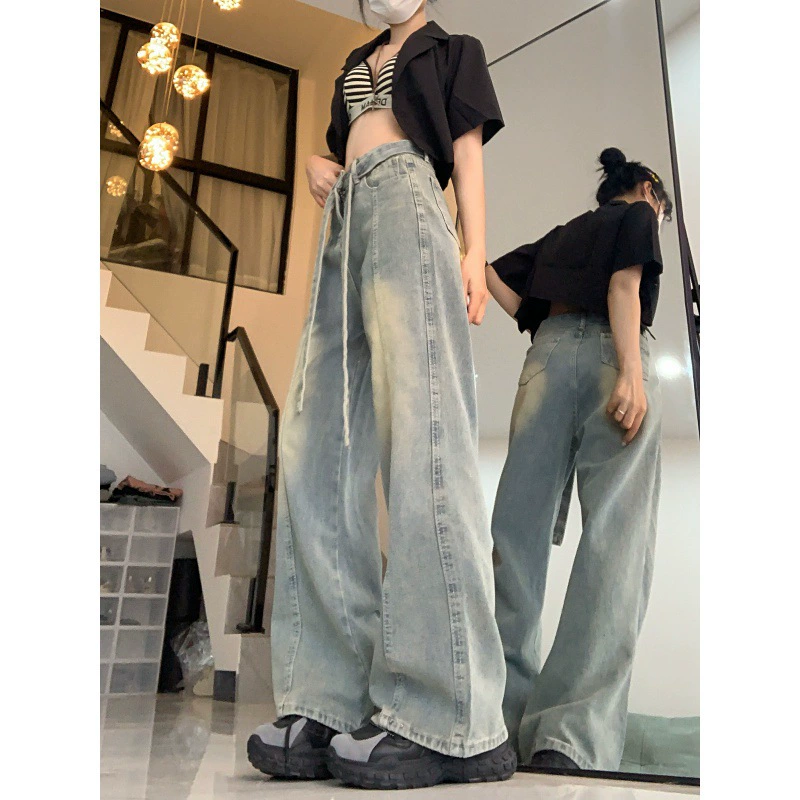 Реальный выстрел по реальной цене! Ретро джинсы с высокой талией женские стримеры свободные прямые брюки широкие брюки с вертикальным дизайном брюки