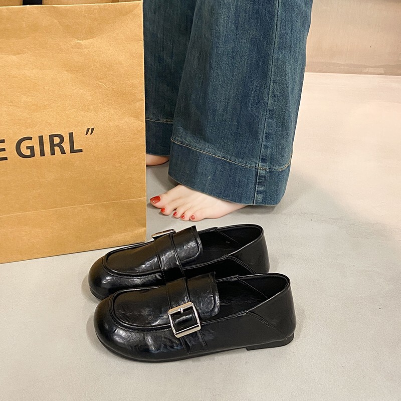 一脚蹬皮带扣乐福鞋女2025春夏新款平底小皮鞋复古两穿豆豆单鞋|undefined