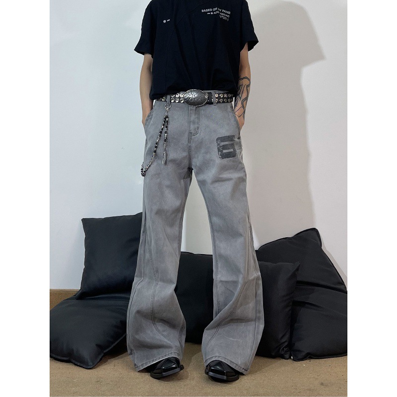 American High Street Style Washed Deconstructed Curved Blade Jeans For Men, Distressed And Vintage Style, With Vibe Letter Print_mkmklike.com
