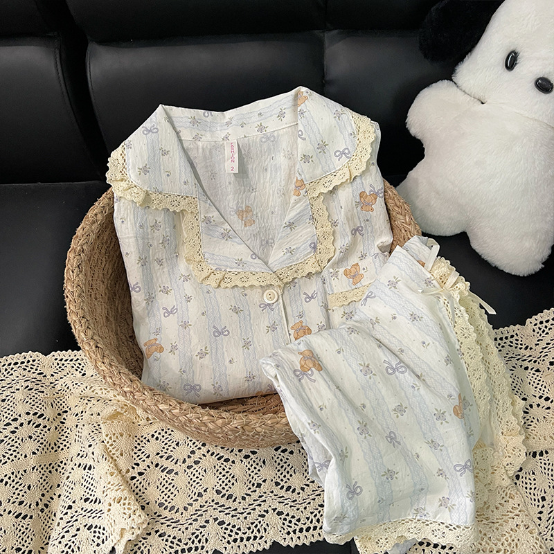 Pijamas de primavera y verano al por mayor transfronterizos mujeres nuevas nubes de algodón dibujos animados encaje pequeño solapa pantalones de mangas largas set de ropa para el hogar