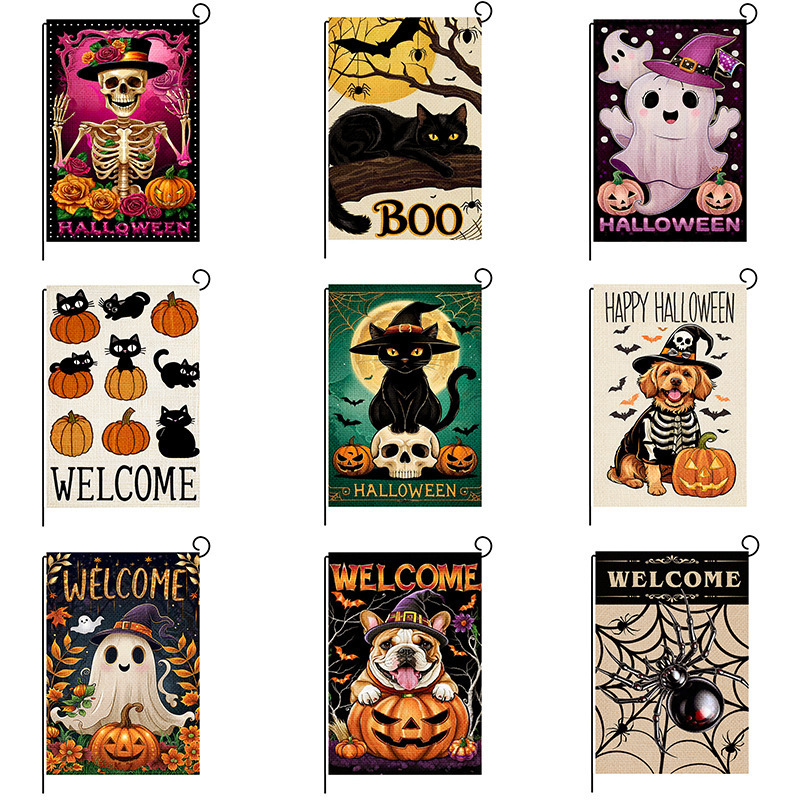 New Cross-Border Halloween Garden Flags, Autumn Skull and Ghost Outdoor Flags, Courtyard Garden Welcome Small Colorful Flags