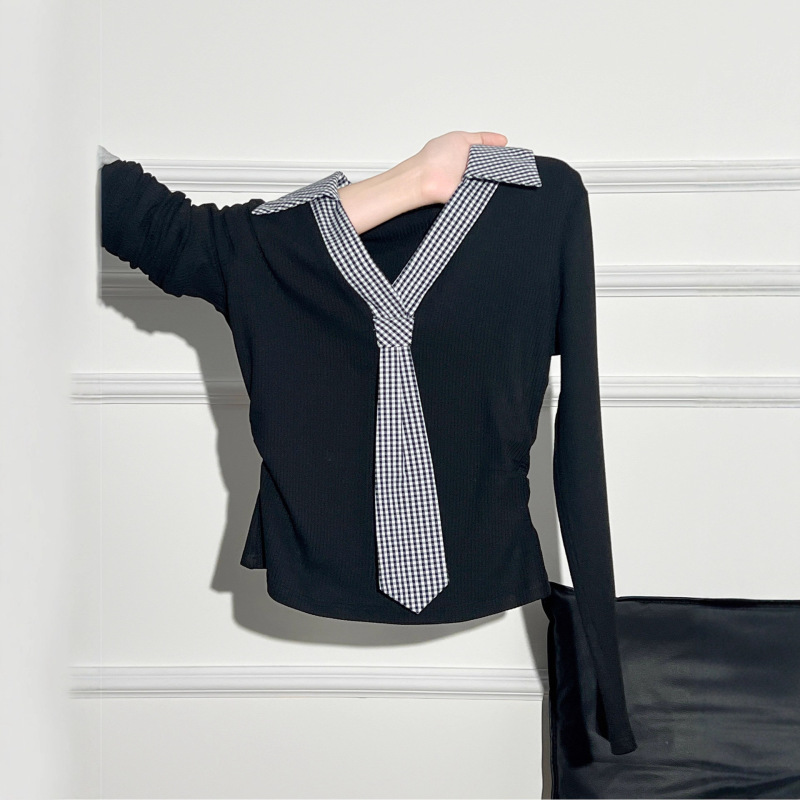 Korean-Style Plaid Lapel Long-Sleeve T-Shirt with Pleated Design, Slim-Fit Pullover Top for Spring and Autumn 2026