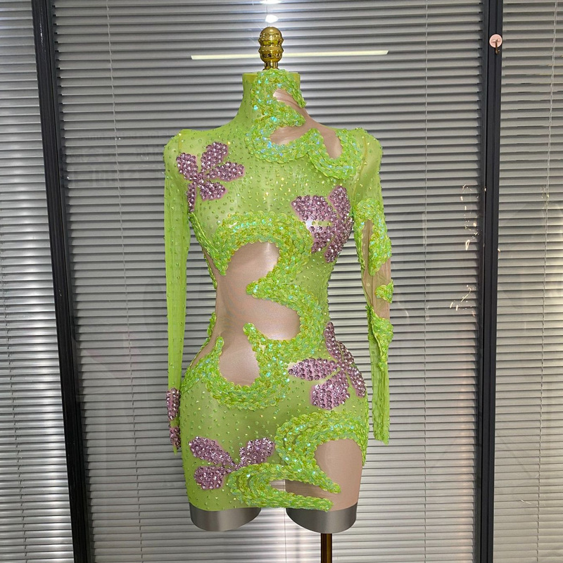 Cross-Border European and American Mesh Rhinestone Women's Clothing Birthday Party Long-Sleeved See-Through Mesh Fruit Green Sexy Prom Performance Outfit Cross-Border European and American Mesh Rhinestone Women's Clothing Birthday Party Long-Sleeved See-Through Mesh Fruit Green Sexy Prom Performance Outfit