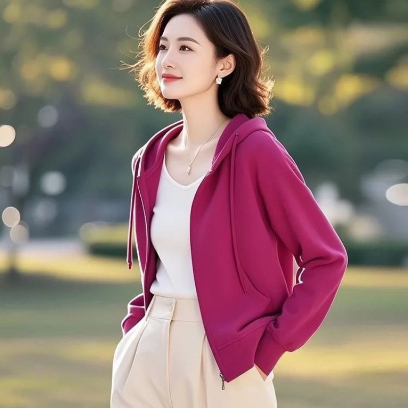 今年人気の美しい年齢を軽減するグリーンのフード付きスウェットシャツジャケット女性用2025新しい春韓国シックなトップ|undefined