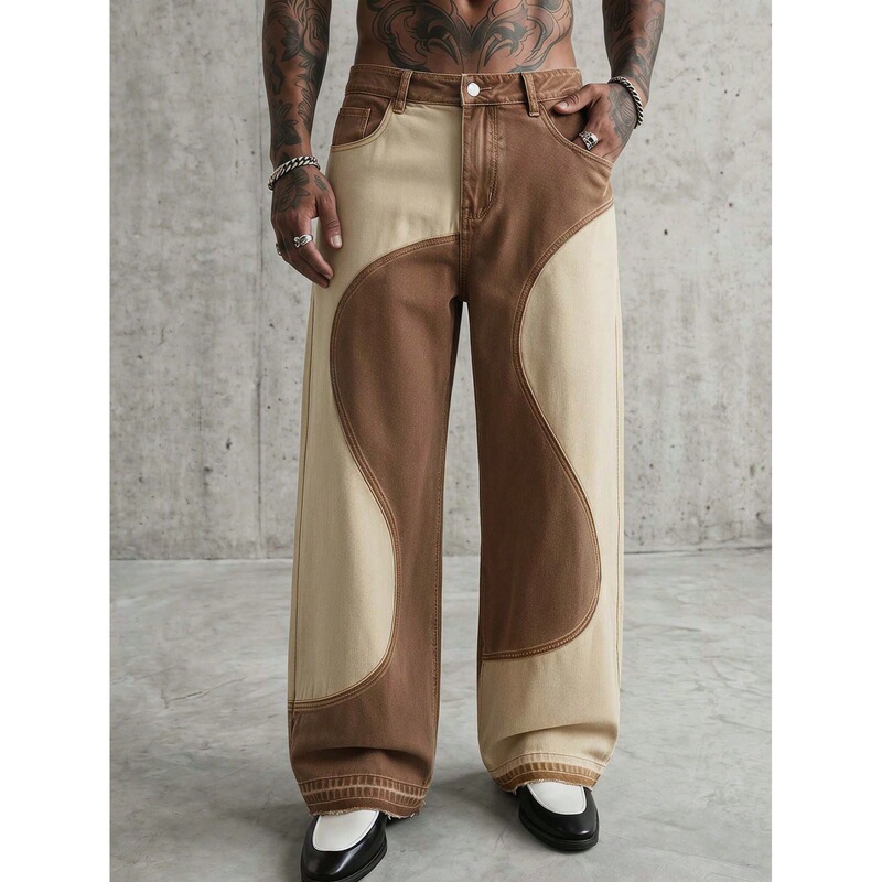 American high street style color-blocked curved patchwork jeans for men, trendy hip-hop washed distressed loose wide-leg straight pants American high street style color-blocked curved patchwork jeans for men, trendy hip-hop washed distressed loose wide-leg straight pants