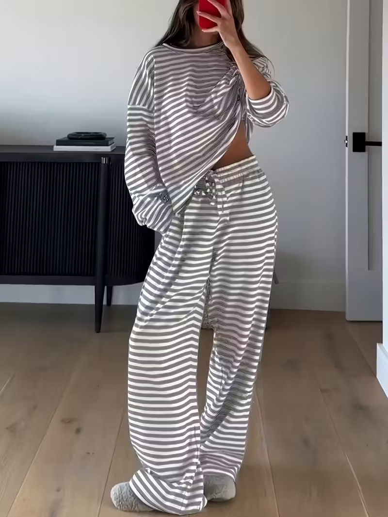 Spring Striped Casual Two-Piece Set: Long-Sleeved Top and High-Waisted Pants