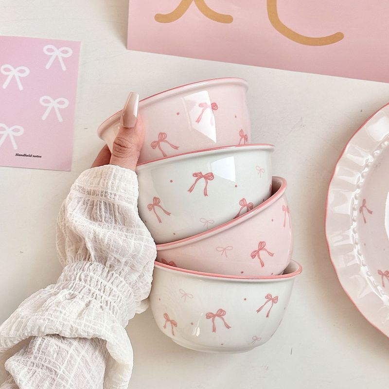 粉色ins风蝴蝶结陶瓷餐具套装面碗家用饭碗盘子釉下彩好看少女心|undefined