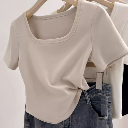 Thin Square Neck Short Sleeve Shirt Women's Summer Slim Fit Versatile Curved Hem Hot Girl Bottoming Top