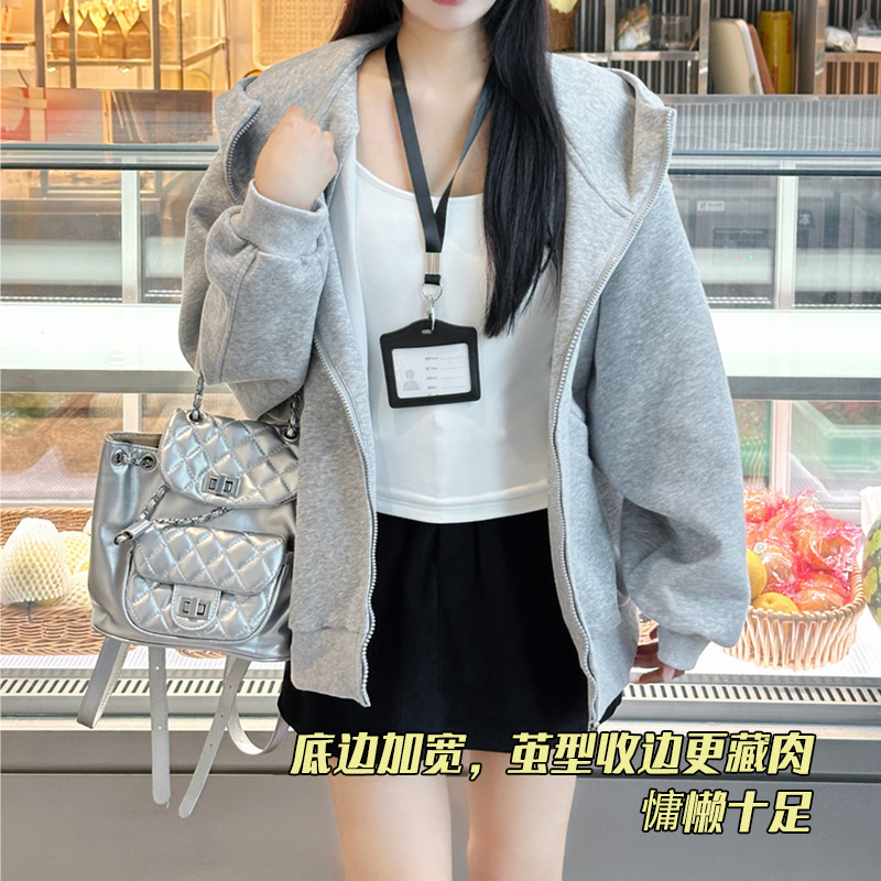 2025春秋新款灰色连帽开衫拉链卫衣外套女新款加厚宽松上衣韩版|undefined