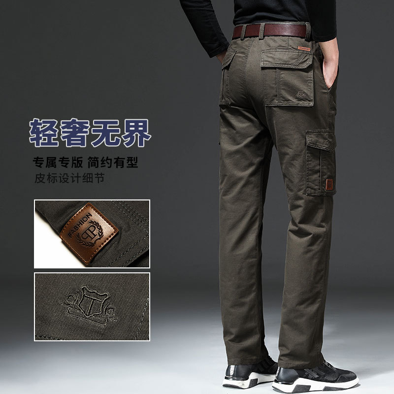 Pure Cotton Multi-Pocket Work Pants for Men, Loose Straight-Leg Casual Pants, Durable Outdoor Large Size Long Pants for Men