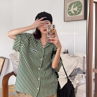 2024 autumn trendy striped short-sleeved shirt summer Hong Kong style ins trendy loose casual fashion handsome men's and girls' shirt