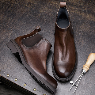 Autumn Martin Boots Men's Short Boots Genuine Leather Retro Trendy Boots Men's Workwear Boots All-match Chelsea Boots Men's High-top Leather Shoes