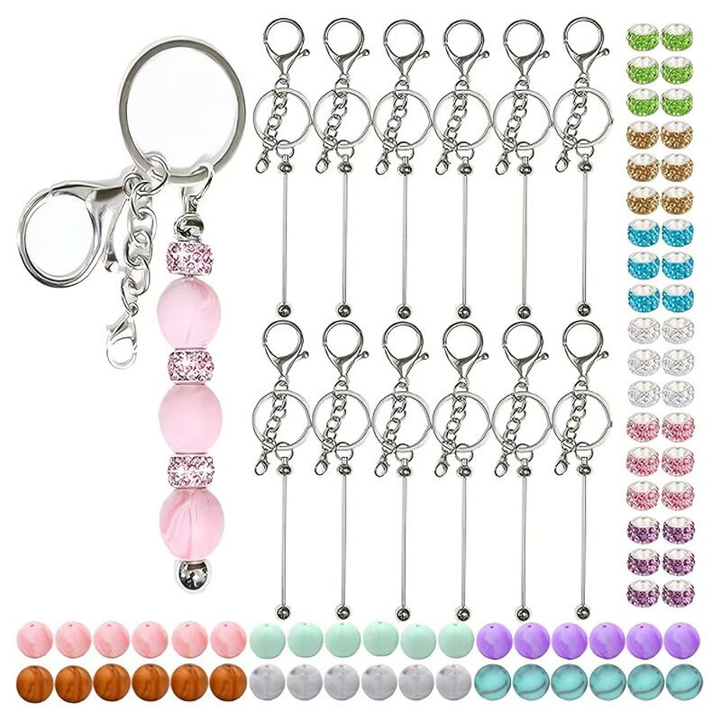 Amazon 12 Sets of Beaded Key Chains Key Rod Chain Silicone Beads Rhinestone Beads for Gift Key Chain Making