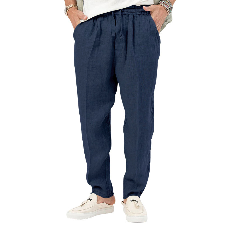2024 Summer New Thin Men's Fashion Large Solid Casual Drawstring Cotton Hemp Pants_voghion.com
