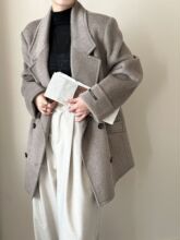 山羊绒复古西装领卷袖双排扣立体裁剪中长款双面羊毛大衣女毛呢