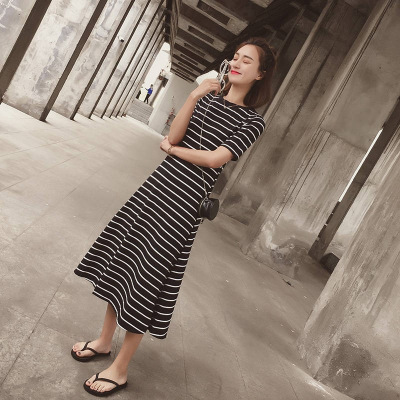淘宝不能上 2021春秋新款圆领条纹A字长裙
