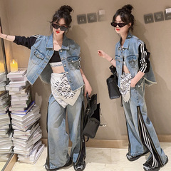 時尚套裝女童裝2024春秋新款洋氣牛仔撞色外套休閒拼接闊腿牛仔褲