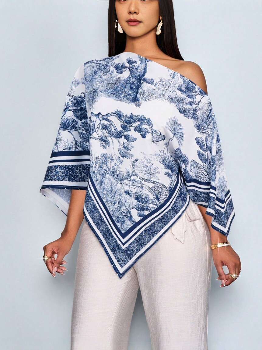 European and American Cross-Border Printed Loose Shirts for Women 2026 New Style Off-Shoulder Cape-Style Vacation Style Women's Blouse Top