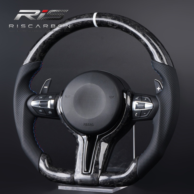 Black forged carbon fiber flat-bottom steering wheel compatible with BMW F30F10F11F15F16F20F25F18