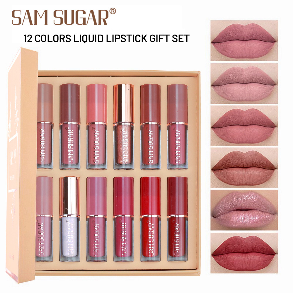 SAM SUGAR Set de Brillo Labial en Forma de Libro de 12 Colores, Mate, Antiadherente, Brillo Labial, Lápiz Labial, Maquillaje Transfronterizo al por Mayor